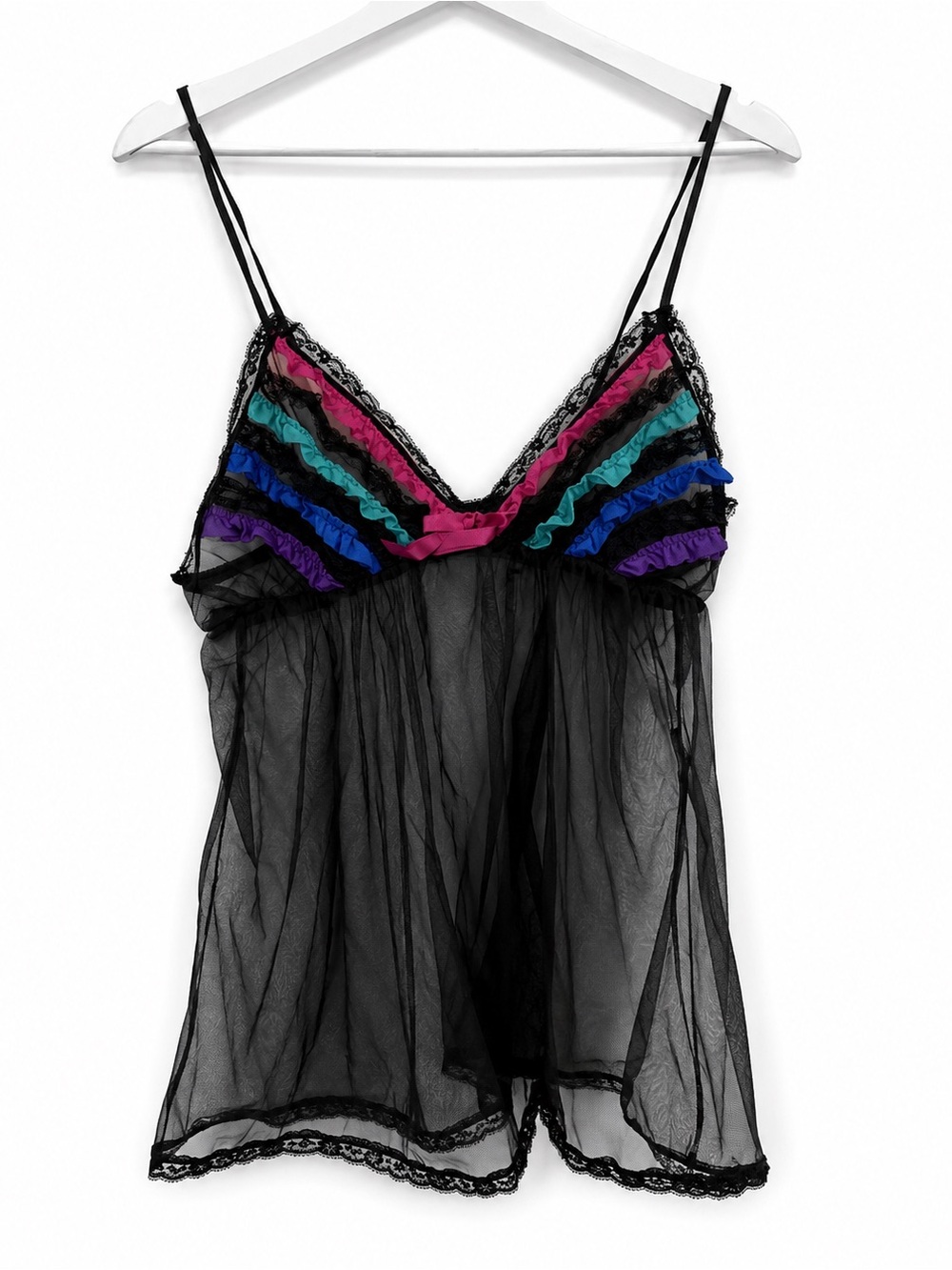 Vintage 80s Black Ruffle Lingerie Tank Top Negligee Sheer Made in USA